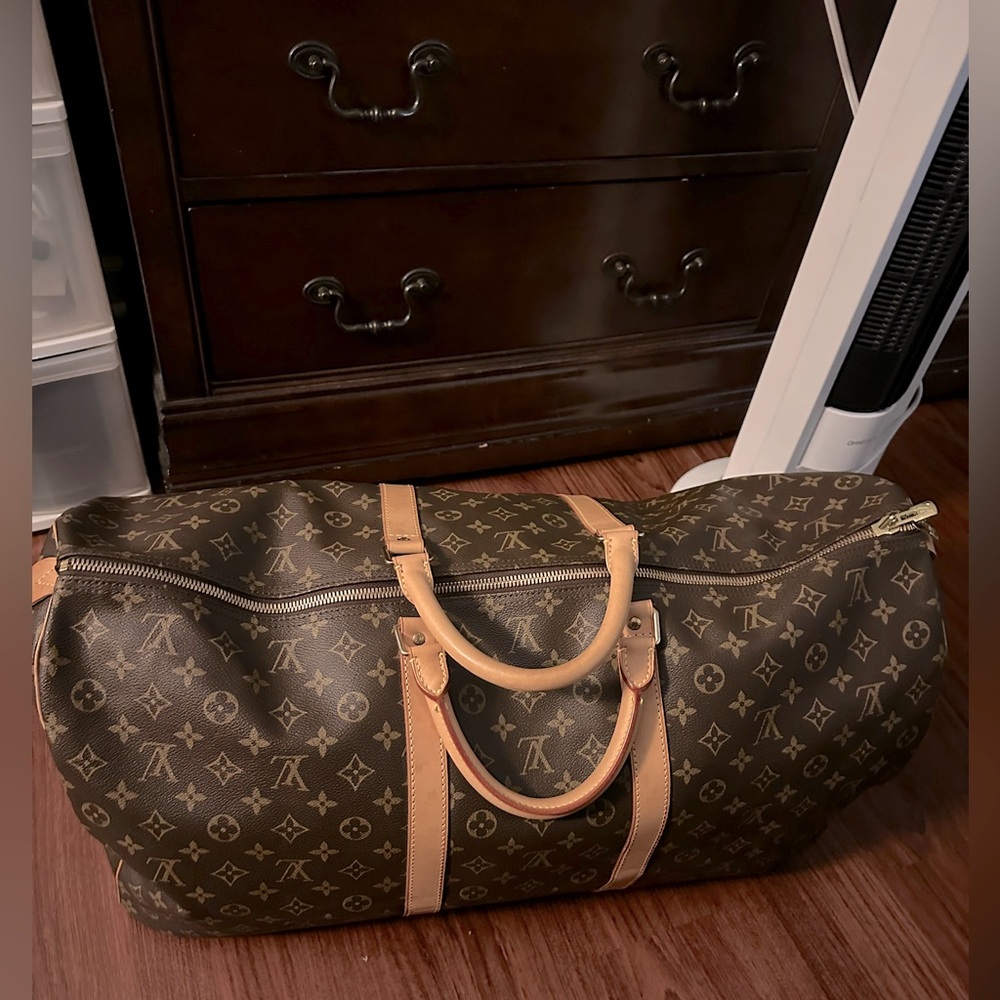 Louis Vuitton Brown Monogram Keepall 60 Duffel with Tan Leather Trim